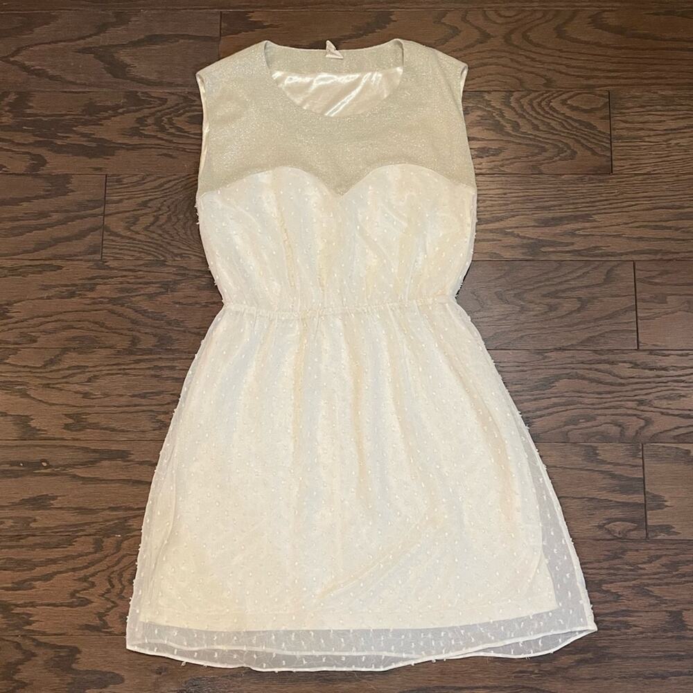 Needle & Threads Gold Ivory Metallic Sheer Overlay Dress Size Medium